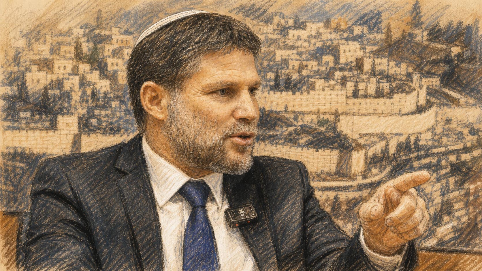 Courtroom-sketch editorial illustration of Bezalel Smotrich in a dark suit and blue tie, wearing a kippah and pointing while speaking, with a Jerusalem cityscape behind him.