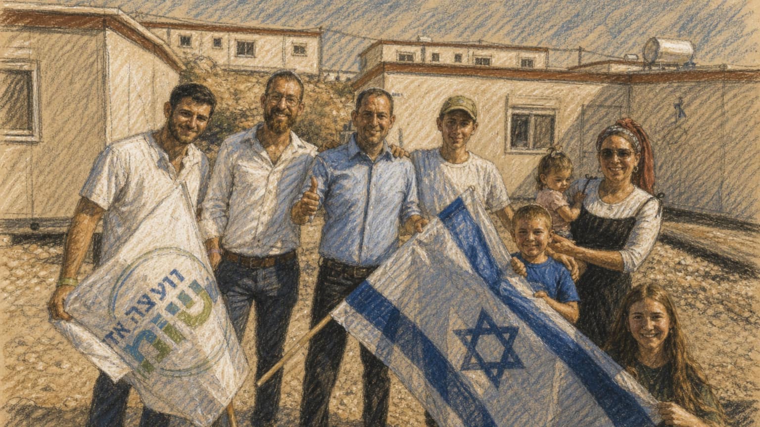 Courtroom-sketch editorial illustration of adults and children standing together on a gravel lot between newly placed temporary homes while holding Israeli and regional council flags.
