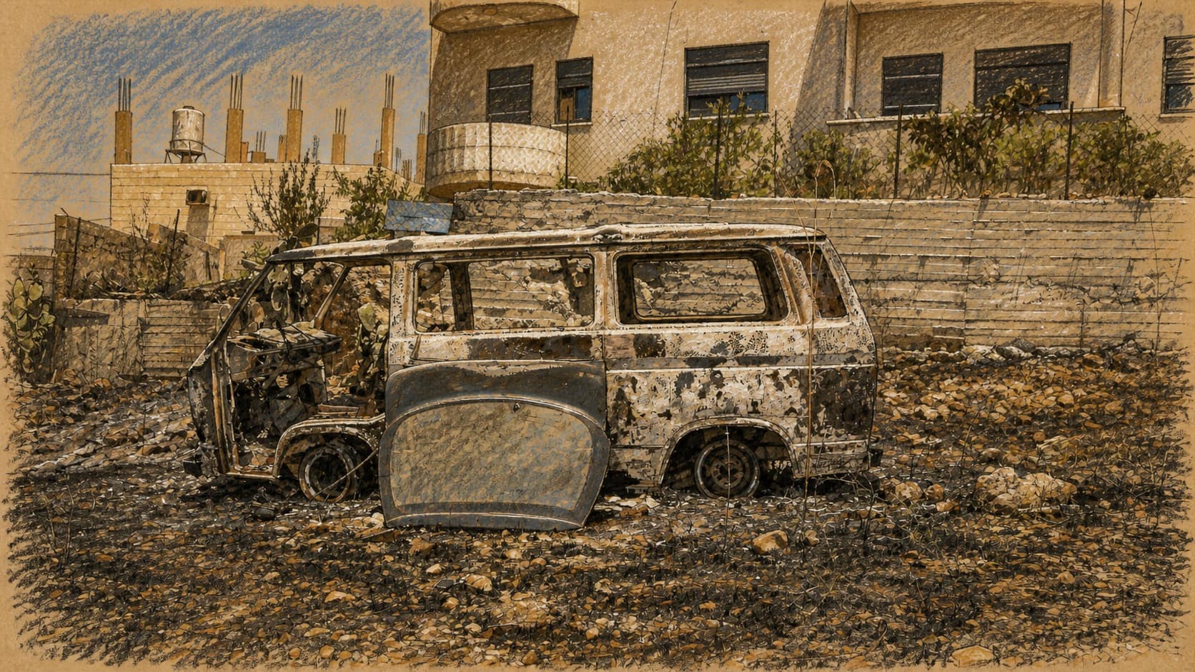 Courtroom-sketch editorial illustration of a burned-out van and its detached side door on scorched ground beside residential buildings and unfinished concrete construction.