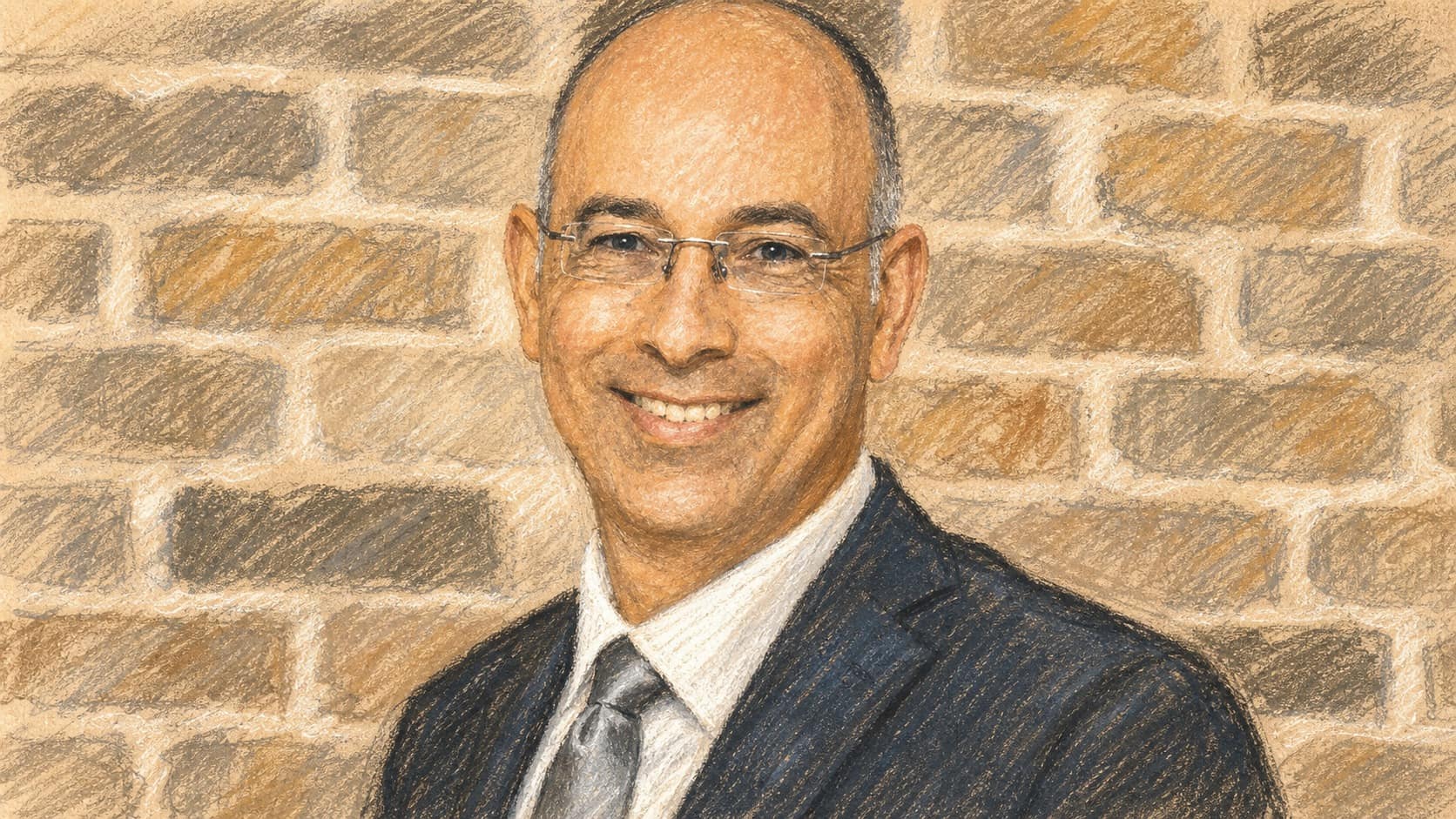 Courtroom-sketch editorial illustration of Prof. Yaron Zelekha smiling in glasses, a dark suit, white shirt, and gray tie against a pale stone-brick wall.