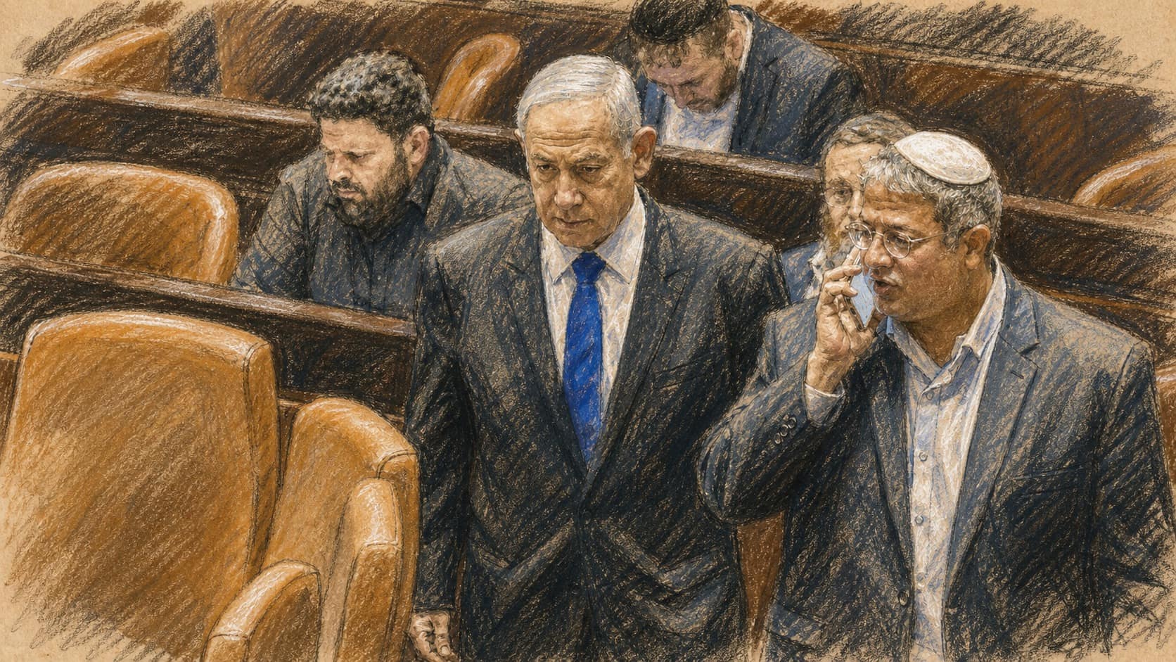 Courtroom-sketch editorial illustration of Benjamin Netanyahu and Itamar Ben-Gvir walking between tan Knesset seats, with Ben-Gvir holding a phone to his ear and other lawmakers seated behind them.