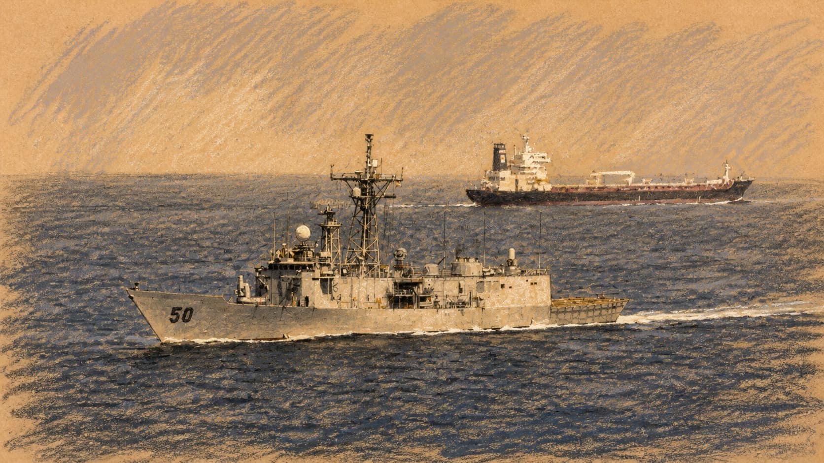Courtroom-sketch editorial illustration of a naval frigate crossing the Strait of Hormuz in the foreground while a commercial tanker sails on the horizon.