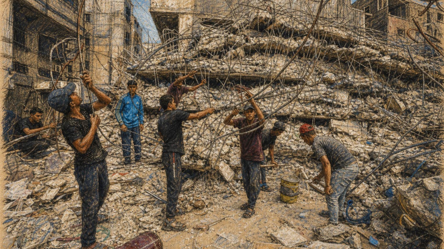 Courtroom-sketch editorial illustration of Palestinian civilians lifting and clearing twisted rebar amid the rubble of a collapsed concrete building in Gaza.
