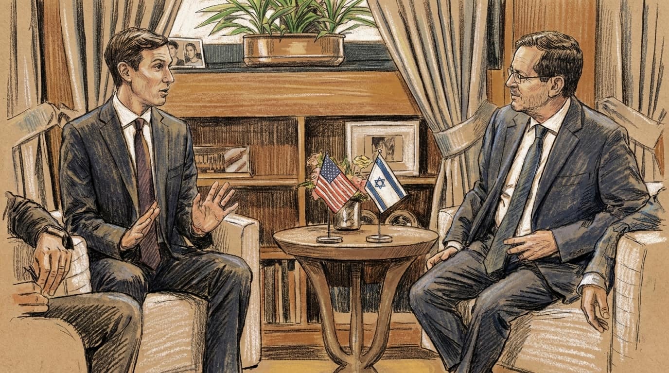 Courtroom-sketch editorial illustration of a meeting at the President's Residence in Jerusalem: US special envoy Jared Kushner sits forward in a pale armchair at the left of the frame in a dark suit and tie, both hands open in a gesture as he speaks, while President Isaac Herzog listens from an armchair at the right in a navy suit, his hands resting in his lap and glasses on; between them a round wooden side table holds small American and Israeli flags in a low arrangement, and behind them a woo