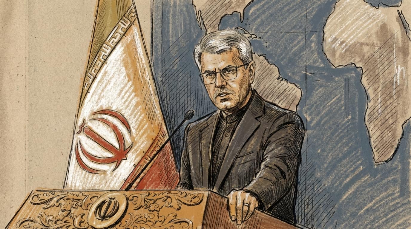 Courtroom-sketch editorial illustration of the Iranian Foreign Ministry spokesman at his weekly Tehran news conference: a grey-haired, bespectacled man in a dark suit and open-collar black shirt stands behind an ornately carved wooden lectern bearing the national emblem, one hand resting on its edge, with the green-white-red Iranian flag on a standard to his left and a large slate-blue wall panel showing a world map behind him.