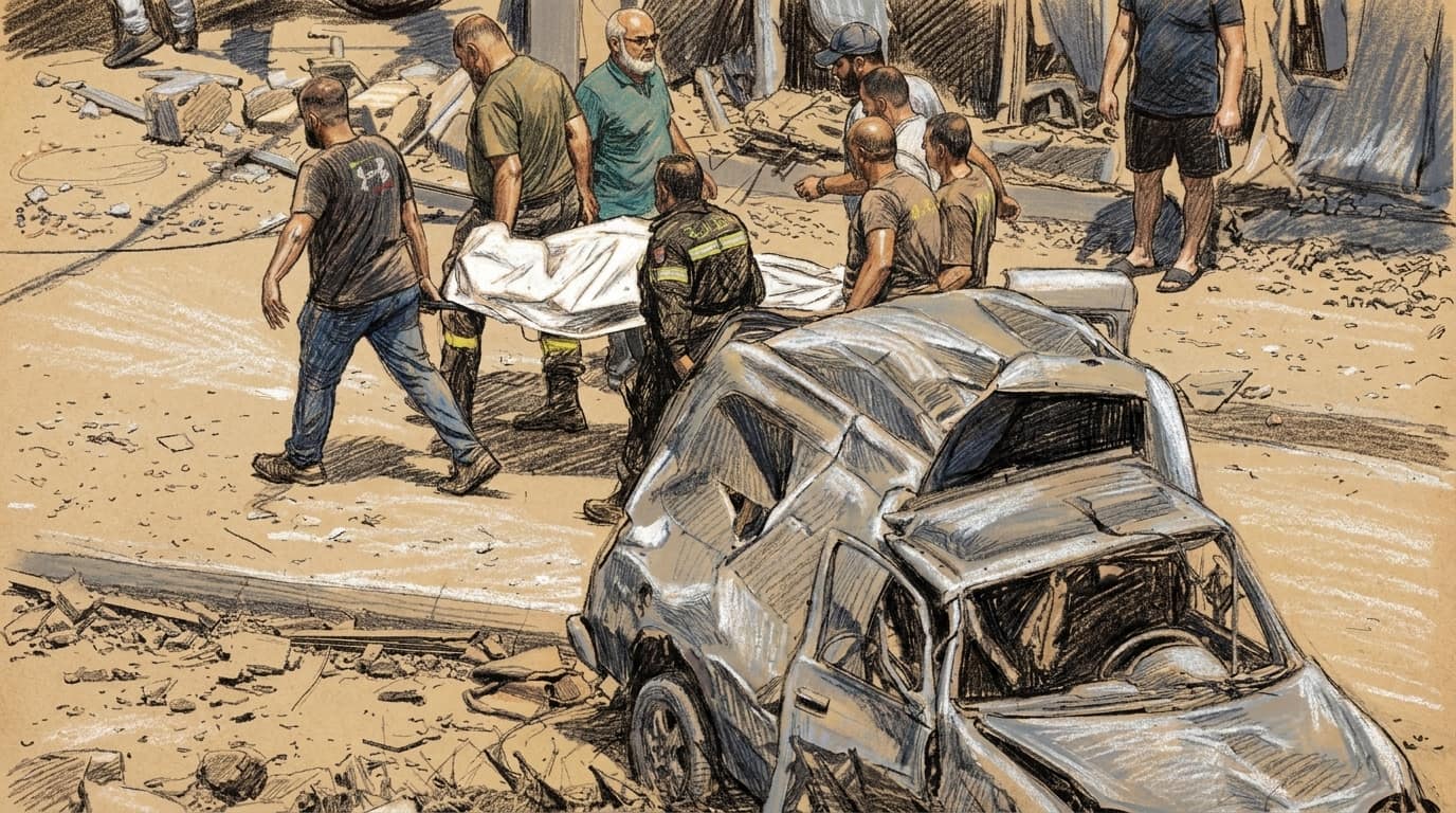 Courtroom-sketch editorial illustration of rescue workers carrying a sheet-covered stretcher through a sunlit rubble-strewn street past the crushed shell of a destroyed car, with onlookers standing among the debris.