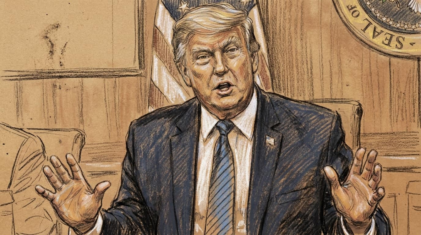 Courtroom-sketch editorial illustration of President Donald Trump speaking mid-sentence at a table, in a dark navy suit, white shirt and blue striped tie with a flag pin on his lapel, both hands raised open-palmed in an emphatic gesture as he talks, an American flag on a standard rising just behind his shoulder and the round presidential seal mounted on the panelled wall to his right.