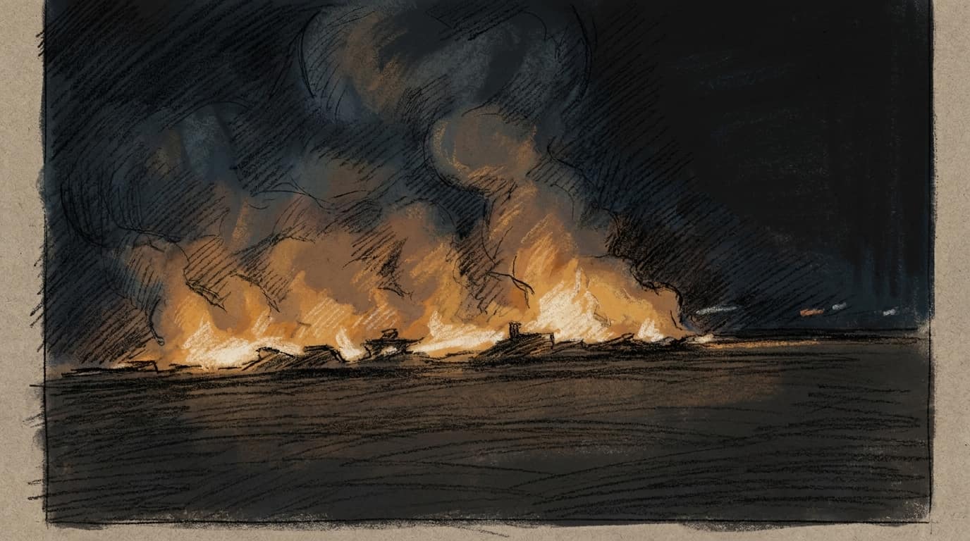 Courtroom-sketch editorial illustration of a military airfield burning at night: a long low line of orange and white flame runs across the flat dark horizon of the runway with dark wreckage silhouetted along it, heavy smoke billowing up into a near-black sky and a faint glow trailing off to the right, all drawn in warm ochre and slate-blue chalk and pastel strokes with cross-hatching on sepia newsprint.