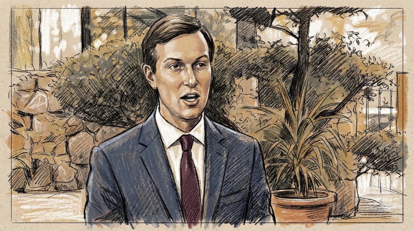 Courtroom-sketch editorial illustration of an on-camera interview in Tel Aviv: a dark-haired man in a navy suit, white shirt and burgundy tie stands at the centre of the frame from the chest up, his mouth open mid-sentence as he answers an off-camera interviewer, a rough pale stone garden wall and a dense screen of olive-green foliage rising behind him, a potted palm in a terracotta pot at the right edge and sunlit paving beyond, all drawn in chalk and pastel strokes on warm ochre newsprint.