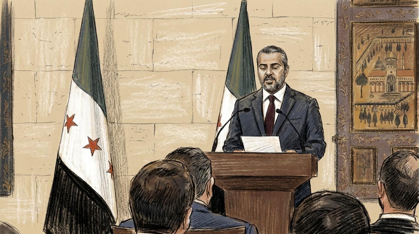 Courtroom-sketch editorial illustration of a joint news conference in Damascus: a bearded man in a dark suit and dark red tie stands at a plain dark wooden podium at centre right, reading from a sheet of paper held in both hands with slim microphones angled toward him, two tall Syrian flags on gold-tipped poles rising behind him against a pale ashlar stone wall and a patterned woven wall hanging filling the right edge, the backs of seated journalists' heads and shoulders massed across the darken