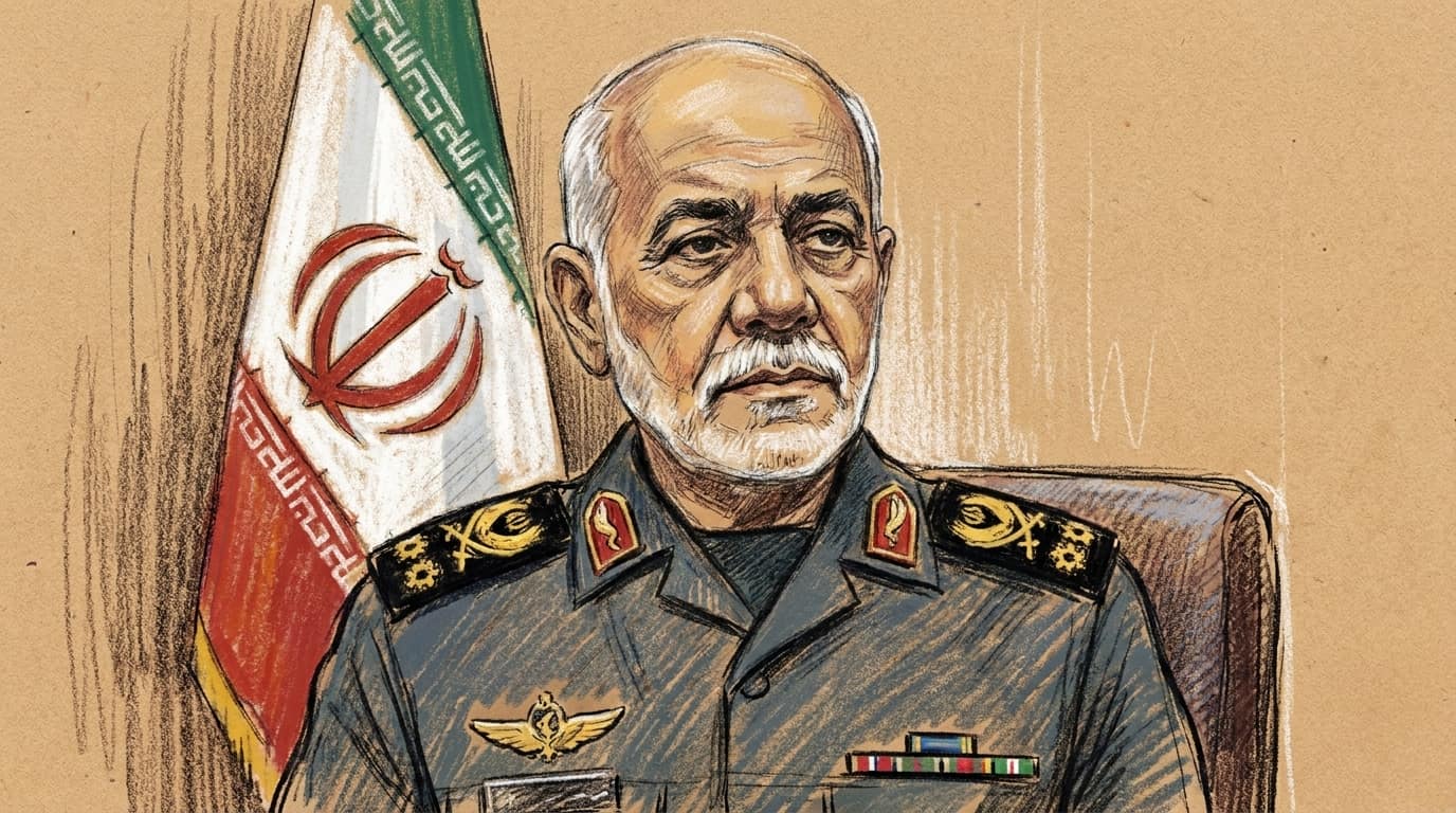 Courtroom-sketch editorial illustration of the chief of staff of Iran's armed forces: an older commander with close-cropped white hair and a full white mustache fills the centre of the frame in a close head-on portrait, wearing a dark slate-green dress uniform with heavy gold-and-red major-general shoulder boards, gold aviator wings and a row of coloured ribbon bars across his chest, sitting square-shouldered and unsmiling in a high-backed dark chair, the Iranian flag hanging from a pole close b