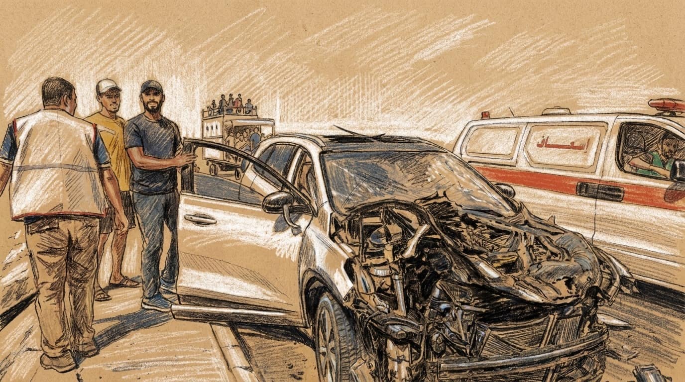 Courtroom-sketch editorial illustration of the aftermath of an Israeli strike in Gaza: three men stand at the left of the frame on a dusty road beside a white sedan whose front end has been torn open into a tangle of buckled metal and exposed engine parts, its windscreen shattered and driver's door hanging ajar, one of them in a pale aid worker's vest with his back to the viewer while the other two in caps face the wreck, a white ambulance with a red stripe and Arabic lettering waiting at the ri