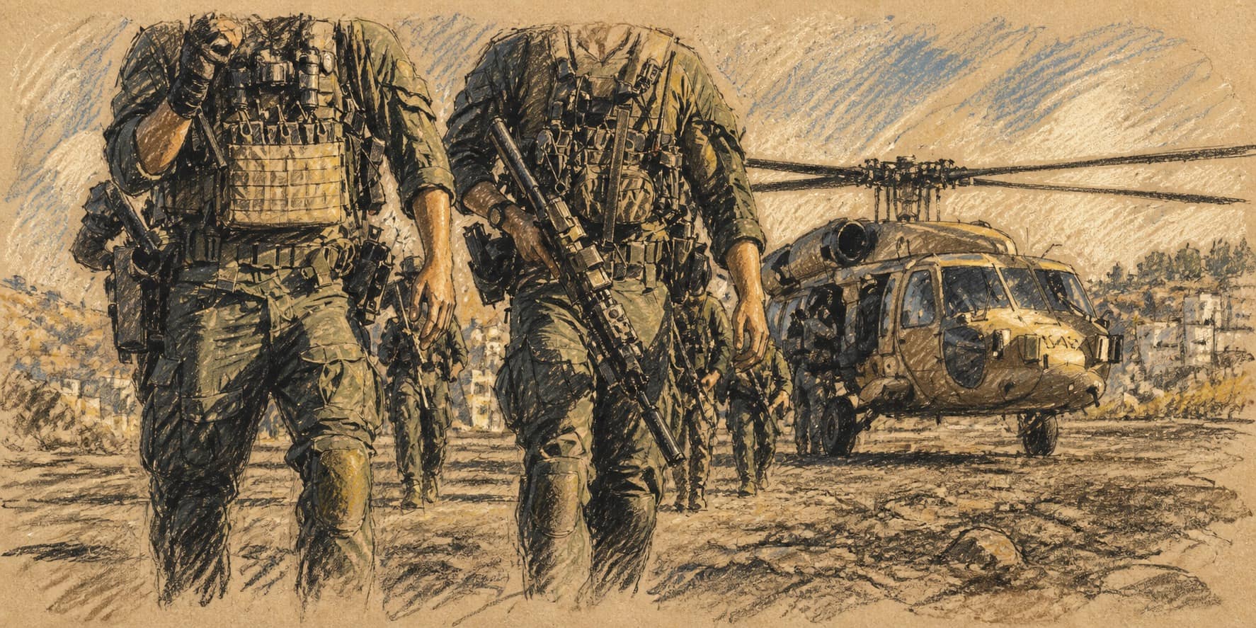Courtroom-sketch editorial illustration of two armed IDF soldiers walking toward the viewer in the foreground, with a military helicopter and additional troops behind them on a rocky field, drawn in warm ochre and slate-blue chalk and pastel strokes with cross-hatching on sepia newsprint.