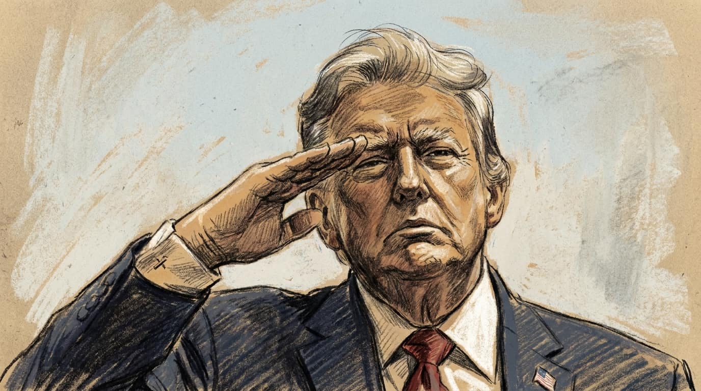 Courtroom-sketch editorial illustration of U.S. President Donald Trump in a dark navy suit, white shirt, red tie and American-flag lapel pin, raising his right hand in a salute beside his brow as he looks out past the viewer against a plain pale sky, drawn in warm ochre and slate-blue chalk and pastel strokes with cross-hatching on sepia newsprint.