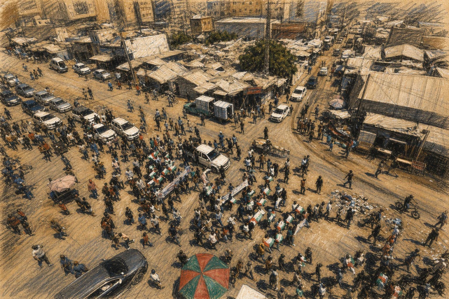 Courtroom-sketch editorial illustration from an elevated viewpoint of a large crowd carrying Palestinian flags through a dense urban street lined with market structures, buildings and vehicles, drawn in warm ochre and slate-blue chalk and pastel strokes with cross-hatching on sepia newsprint.