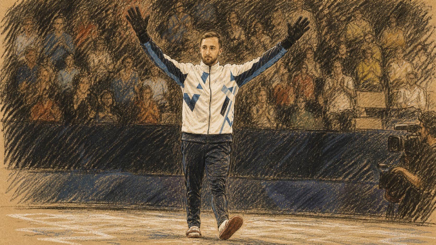 Courtroom-sketch editorial illustration of Israeli gymnast Artem Dolgopyat walking forward on the arena floor with both gloved arms raised before a blurred audience, drawn in warm ochre and slate-blue chalk and pastel strokes with cross-hatching on sepia newsprint.