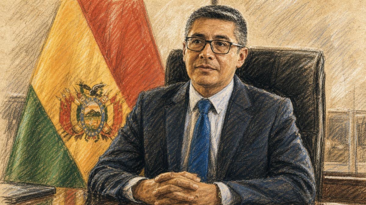 Courtroom-sketch editorial illustration of José Gabriel Espinoza seated at an office desk in a dark suit and blue tie with the Bolivian flag behind him, rendered in warm ochre and slate-blue pastel strokes.