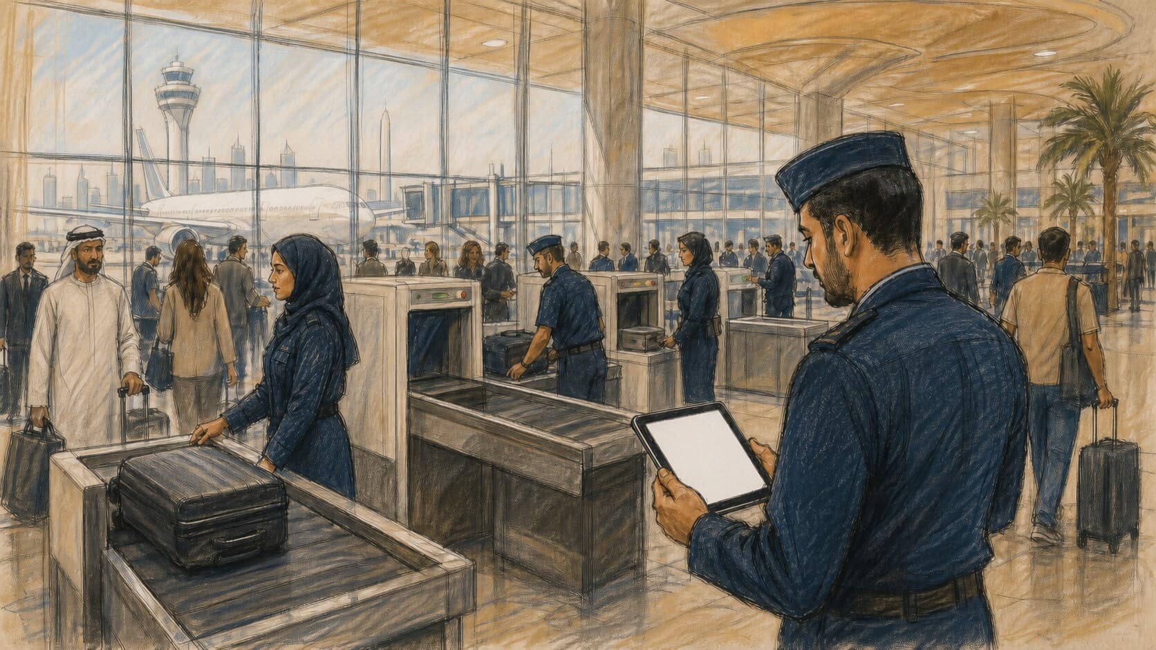 Courtroom-sketch editorial illustration of Dubai customs officers operating baggage scanners in a busy airport arrivals hall while one checks a blank tablet, rendered in warm ochre and slate-blue pastel strokes.