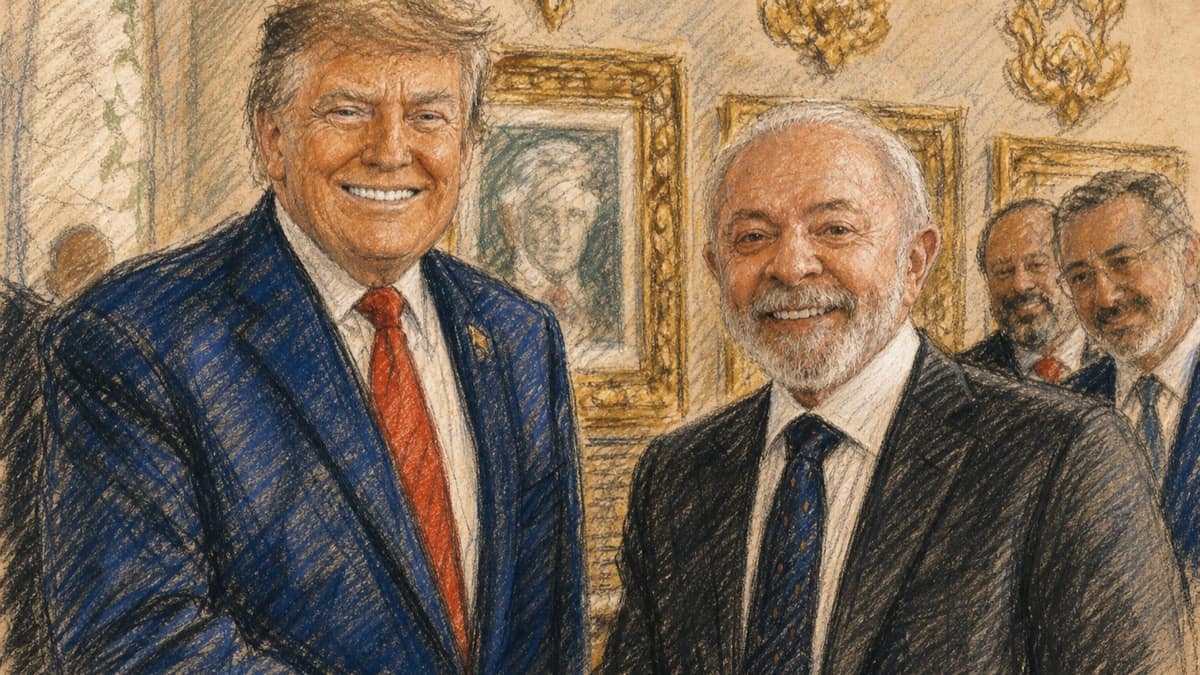 Courtroom-sketch editorial illustration of Donald Trump and Luiz Inácio Lula da Silva standing together and smiling in an ornate government room, rendered in warm ochre and slate-blue pastel strokes.