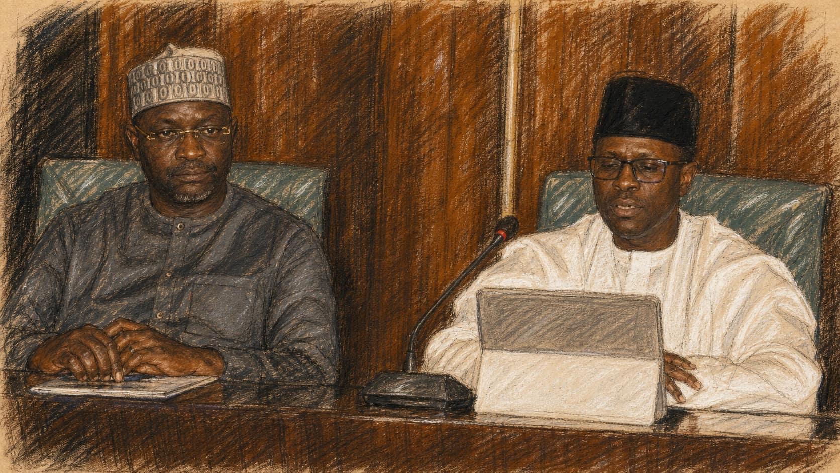 Courtroom-sketch editorial illustration of two Nigerian officials in traditional caps and kaftans seated at a briefing desk, one speaking behind an open laptop and microphone while the other listens with clasped hands, rendered in warm ochre and slate-blue pastel strokes.
