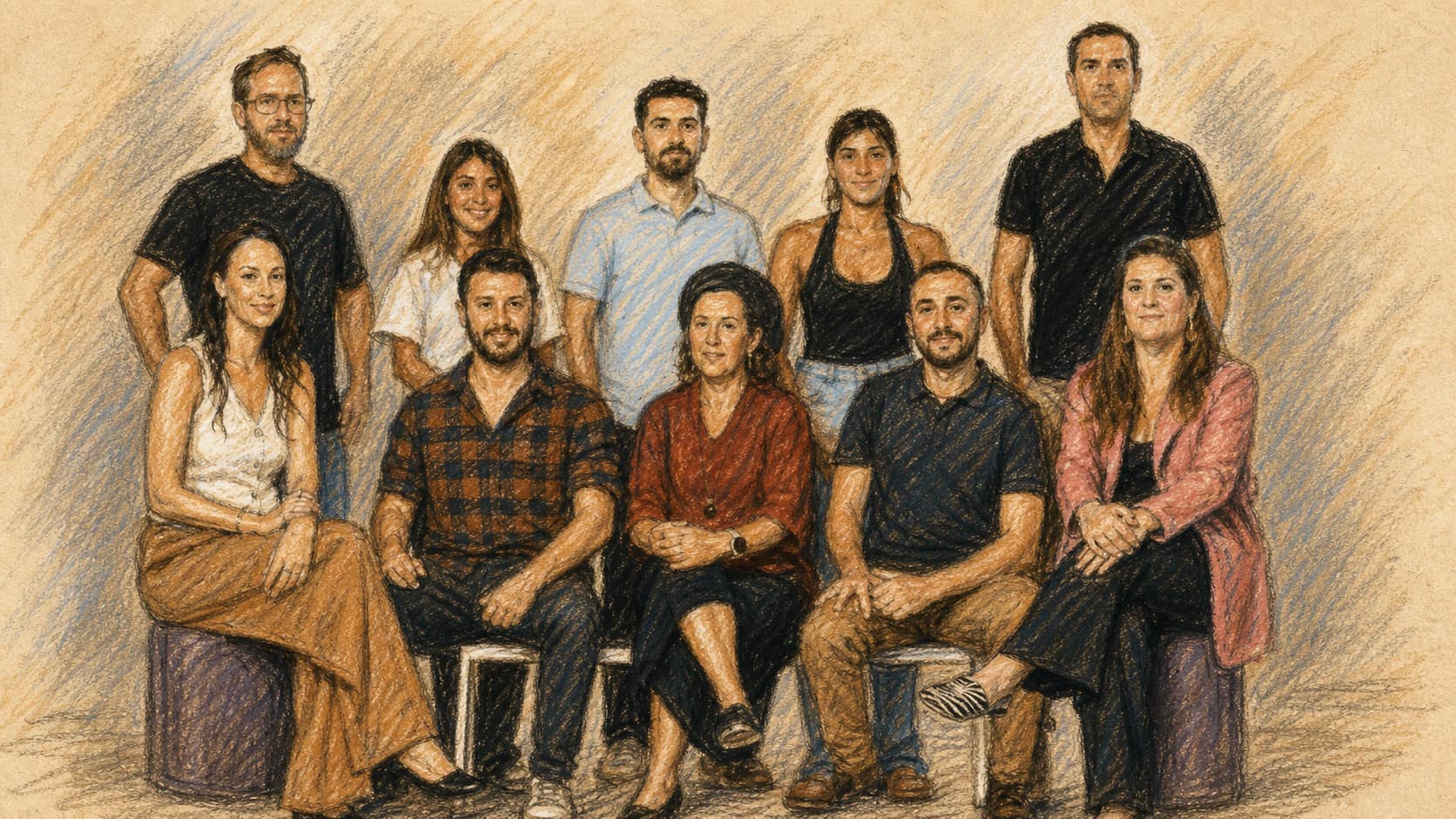Courtroom-sketch editorial illustration of ten adults posed in two rows for a formal group portrait, with five seated and five standing against a light studio background, drawn in warm ochre and slate-blue chalk and pastel strokes with cross-hatching on sepia newsprint.