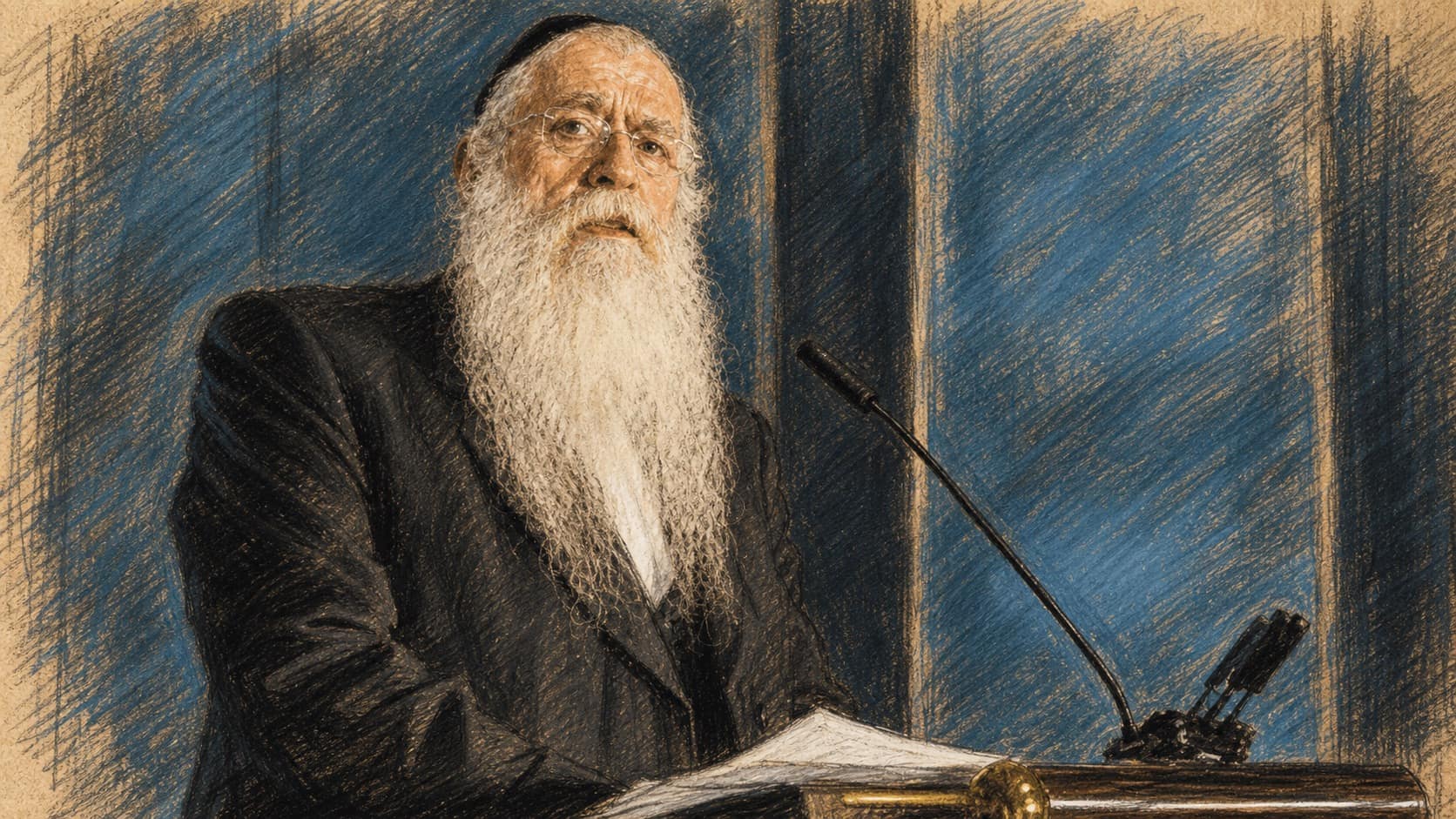 Courtroom-sketch editorial illustration of Meir Porush, an elderly Haredi lawmaker with a long white beard, speaking at a lectern with papers and a microphone before a blue conference backdrop, drawn in warm ochre and slate-blue chalk and pastel strokes with cross-hatching on sepia newsprint.