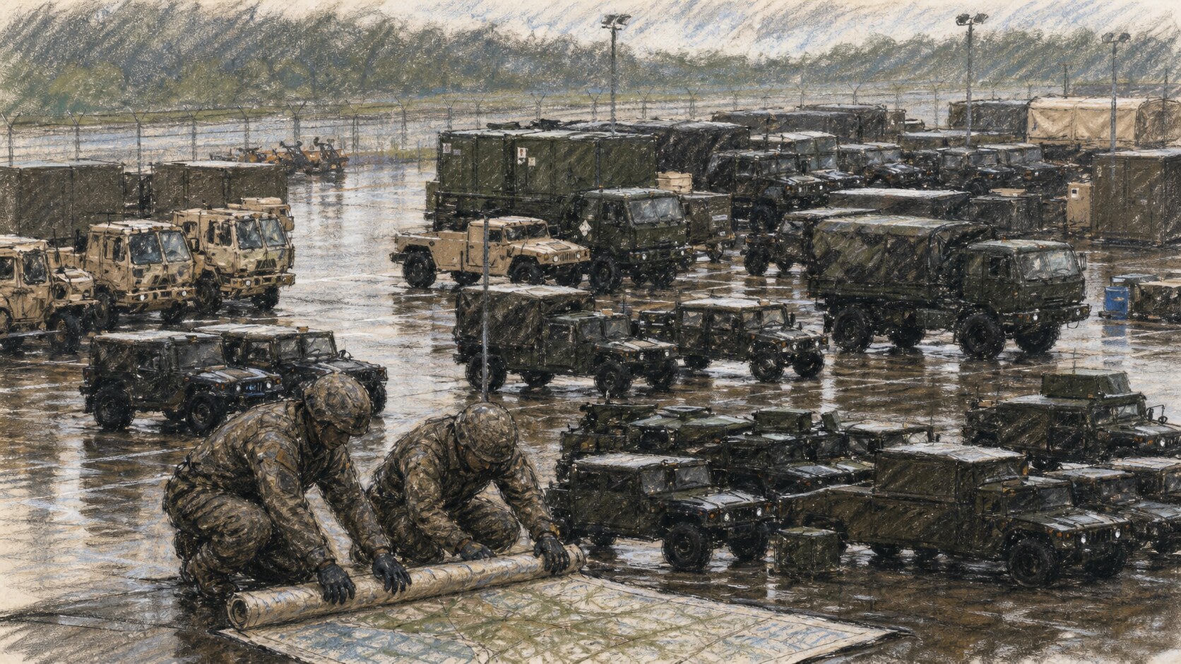 Courtroom-sketch editorial illustration of two soldiers rolling up an exercise map before rows of U.S. and South Korean military vehicles on a rain-slicked training ground, rendered in warm ochre and slate-blue pastel strokes.