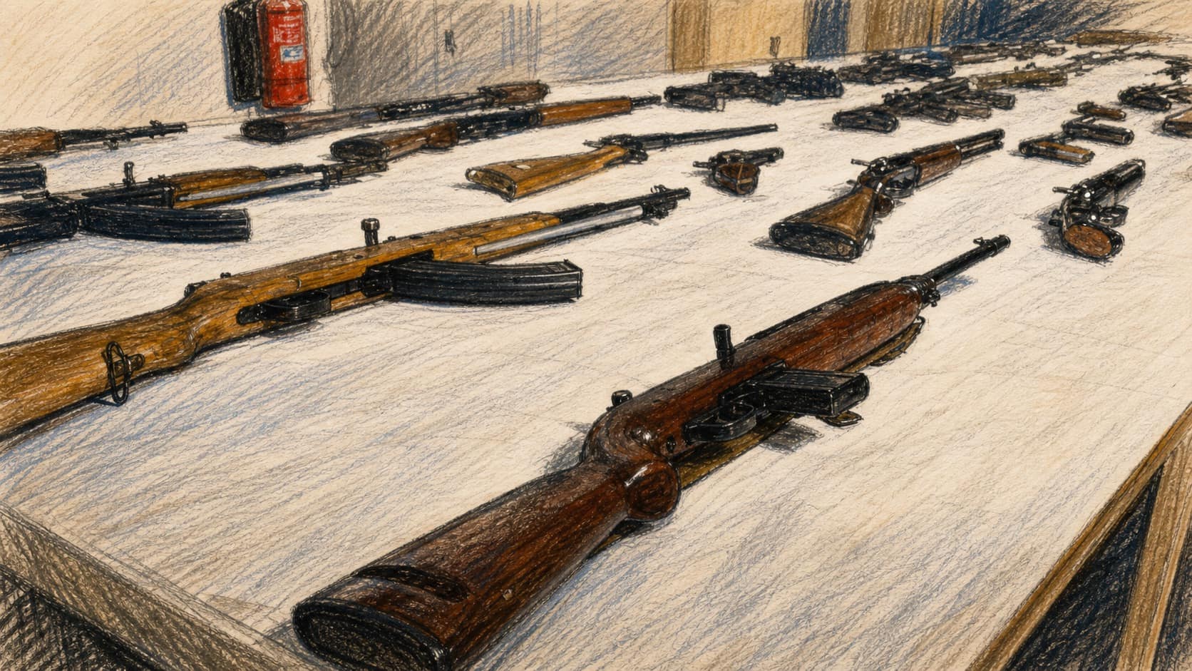 Courtroom-sketch editorial illustration of surrendered wooden-stocked rifles, shotguns and handguns arranged safely across a white evidence table, rendered in warm ochre and slate-blue pastel strokes.