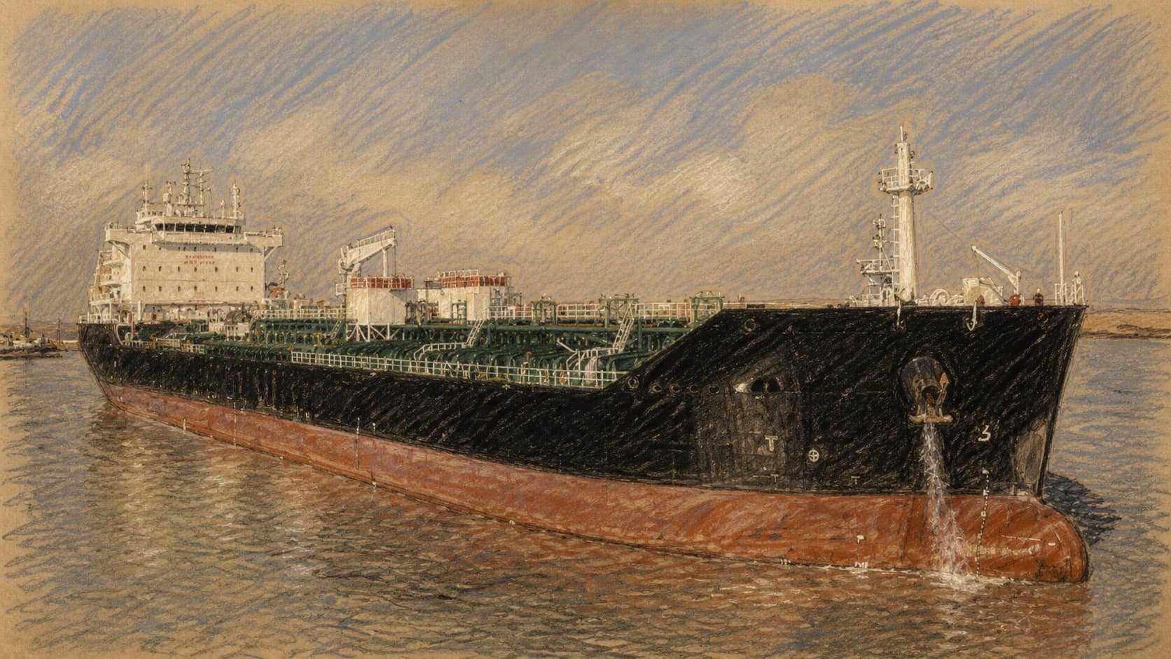 Courtroom-sketch editorial illustration of a large Iraqi oil tanker seen from its starboard bow on calm harbor water beneath an open sky, drawn in warm ochre and slate-blue chalk and pastel strokes with cross-hatching on sepia newsprint.