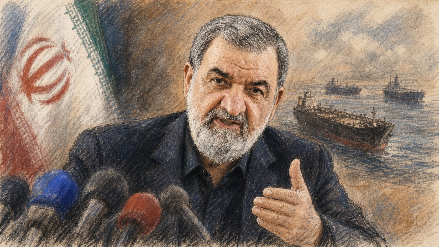 Courtroom-sketch editorial illustration of Iranian security chief Mohsen Rezaei gesturing behind broadcast microphones, with an Iranian flag and oil tankers in the background, rendered in warm ochre and slate-blue pastel strokes.
