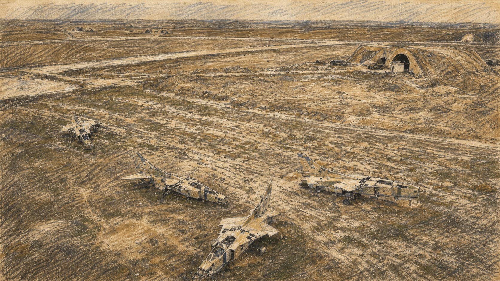 Courtroom-sketch editorial illustration of four damaged military helicopters scattered across an arid Syrian airbase, with dirt tracks and an earthen aircraft shelter in the distance, drawn in warm ochre and slate-blue chalk and pastel strokes with cross-hatching on sepia newsprint.