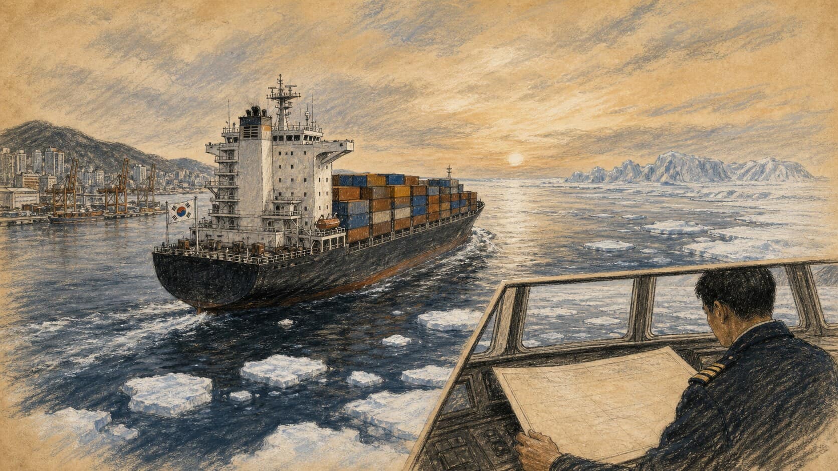 Courtroom-sketch editorial illustration of a South Korean container ship entering Arctic waters while a bridge officer studies a blank route chart, rendered in warm ochre and slate-blue pastel strokes.