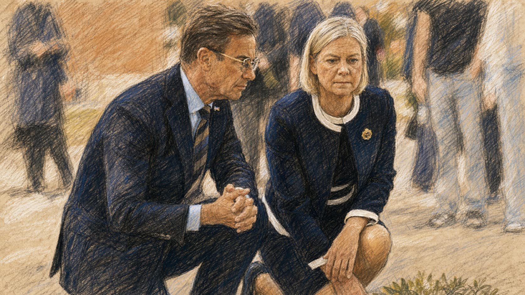 Courtroom-sketch editorial illustration of Ulf Kristersson and Magdalena Andersson crouching side by side at a school memorial with grave expressions as blurred mourners stand behind, rendered in warm ochre and slate-blue pastel strokes.
