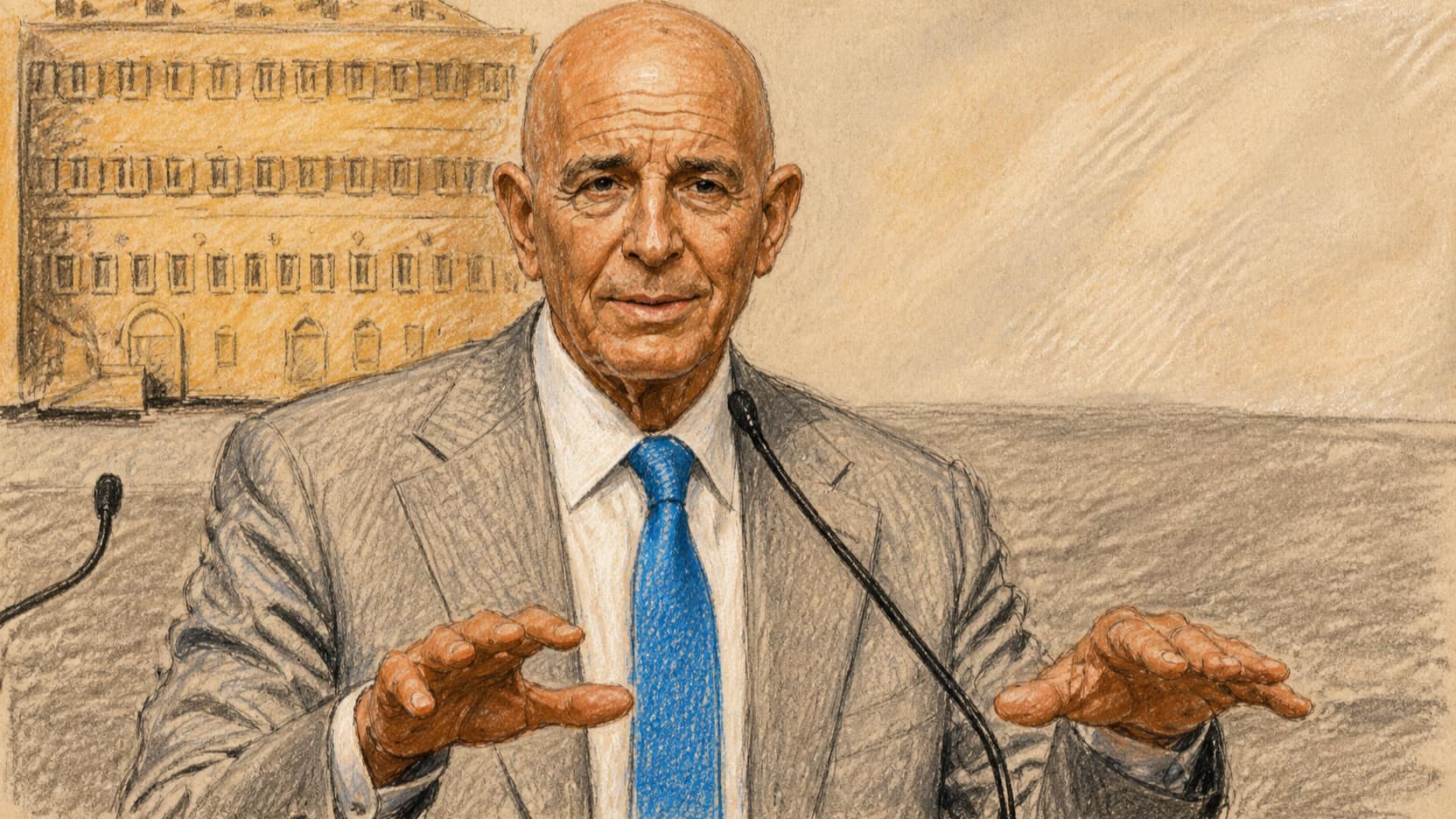 Courtroom-sketch editorial illustration of U.S. envoy Tom Barrack speaking at microphones and gesturing with both hands in a gray suit and bright blue tie, drawn in warm ochre and slate-blue chalk and pastel strokes with cross-hatching on sepia newsprint.