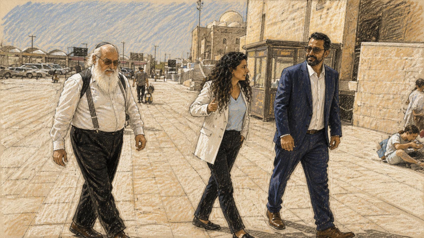 Courtroom-sketch editorial illustration of Jonathan Pollard walking beside Sharren Haskel and a suited man outside a Jerusalem-stone building, drawn in warm ochre and slate-blue chalk and pastel strokes with cross-hatching on sepia newsprint.