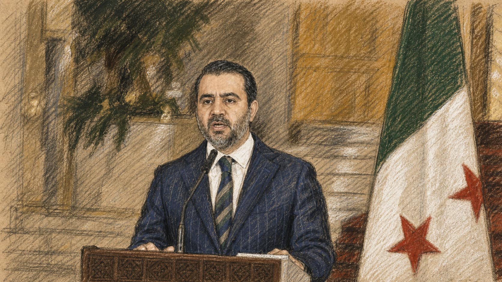 Courtroom-sketch editorial illustration of a suited Syrian official speaking at a dark wooden lectern with microphones beside a large Syrian flag in a formal interior, drawn in warm ochre and slate-blue chalk and pastel strokes with cross-hatching on sepia newsprint.