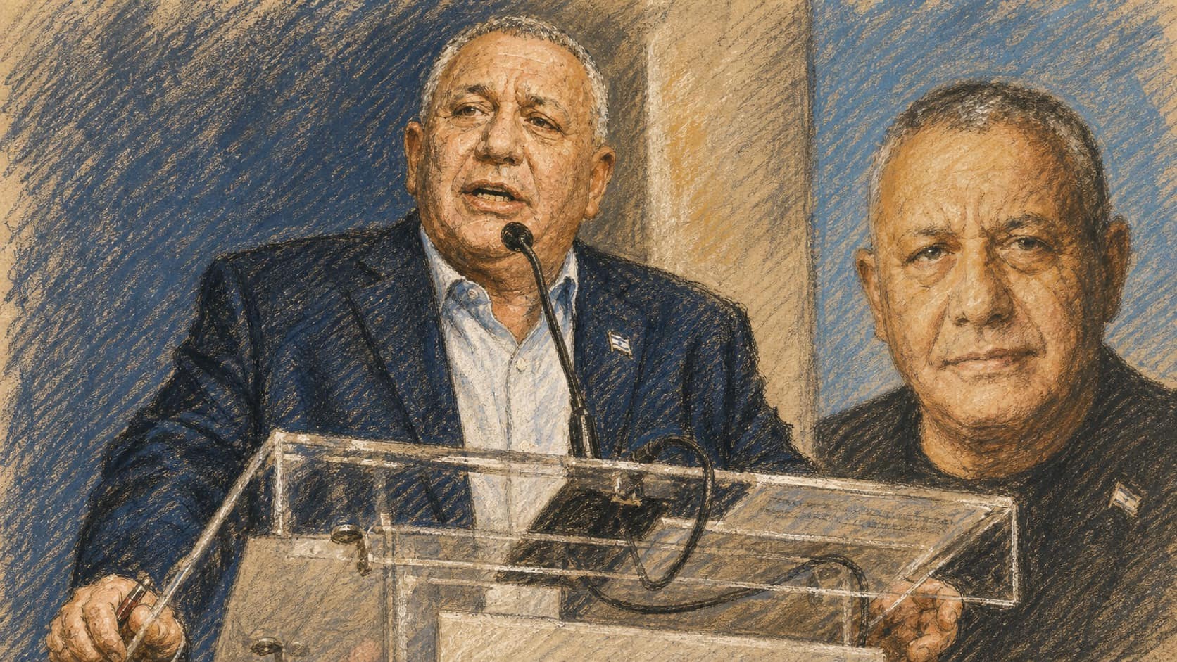 Courtroom-sketch editorial illustration of Gadi Eisenkot speaking into a microphone behind a clear lectern with a large portrait of Eisenkot on the campaign backdrop behind him, drawn in warm ochre and slate-blue chalk and pastel strokes with cross-hatching on sepia newsprint.