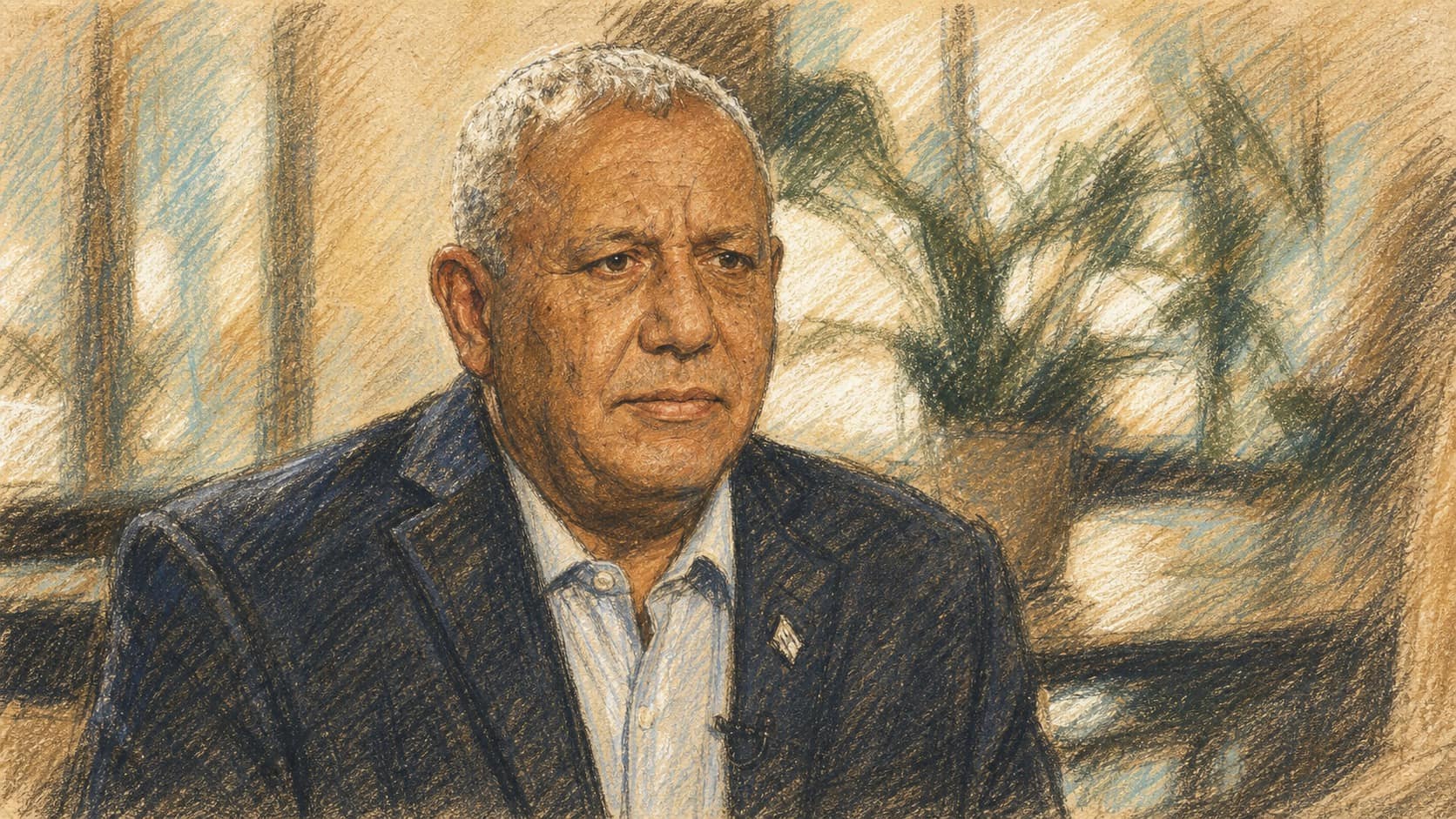 Courtroom-sketch editorial illustration of Gadi Eisenkot seated in a dark blazer and pale shirt in a softly lit modern interior, drawn in warm ochre and slate-blue chalk and pastel strokes with cross-hatching on sepia newsprint.