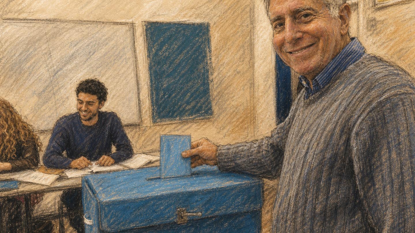 Courtroom-sketch editorial illustration of a smiling voter placing a ballot into a blue box at an Israeli polling station while election officials sit behind him, drawn in warm ochre and slate-blue chalk and pastel strokes with cross-hatching on sepia newsprint.