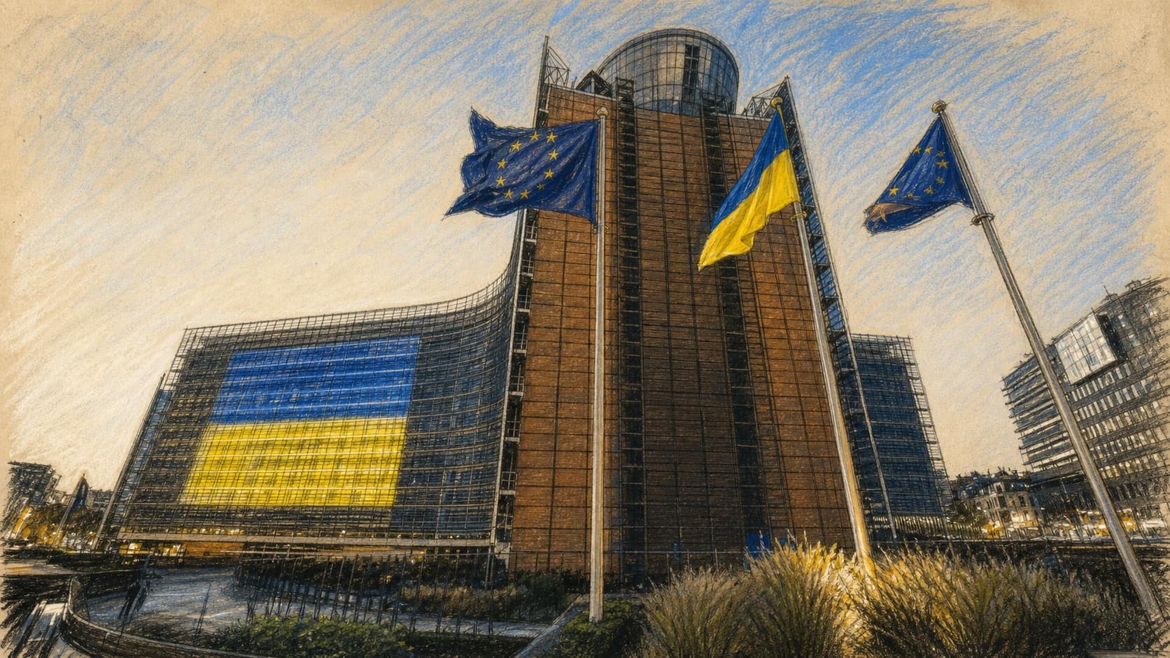 Courtroom-sketch editorial illustration of the Berlaymont in Brussels illuminated in Ukrainian blue and yellow behind European Union and Ukrainian flags, rendered in warm ochre and slate-blue pastel strokes.