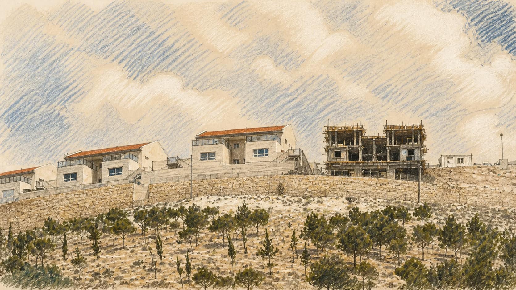 Courtroom-sketch editorial illustration of pale residential buildings and an unfinished concrete building above a rocky terraced hillside planted with rows of young trees, drawn in warm ochre and slate-blue chalk and pastel strokes with cross-hatching on sepia newsprint.