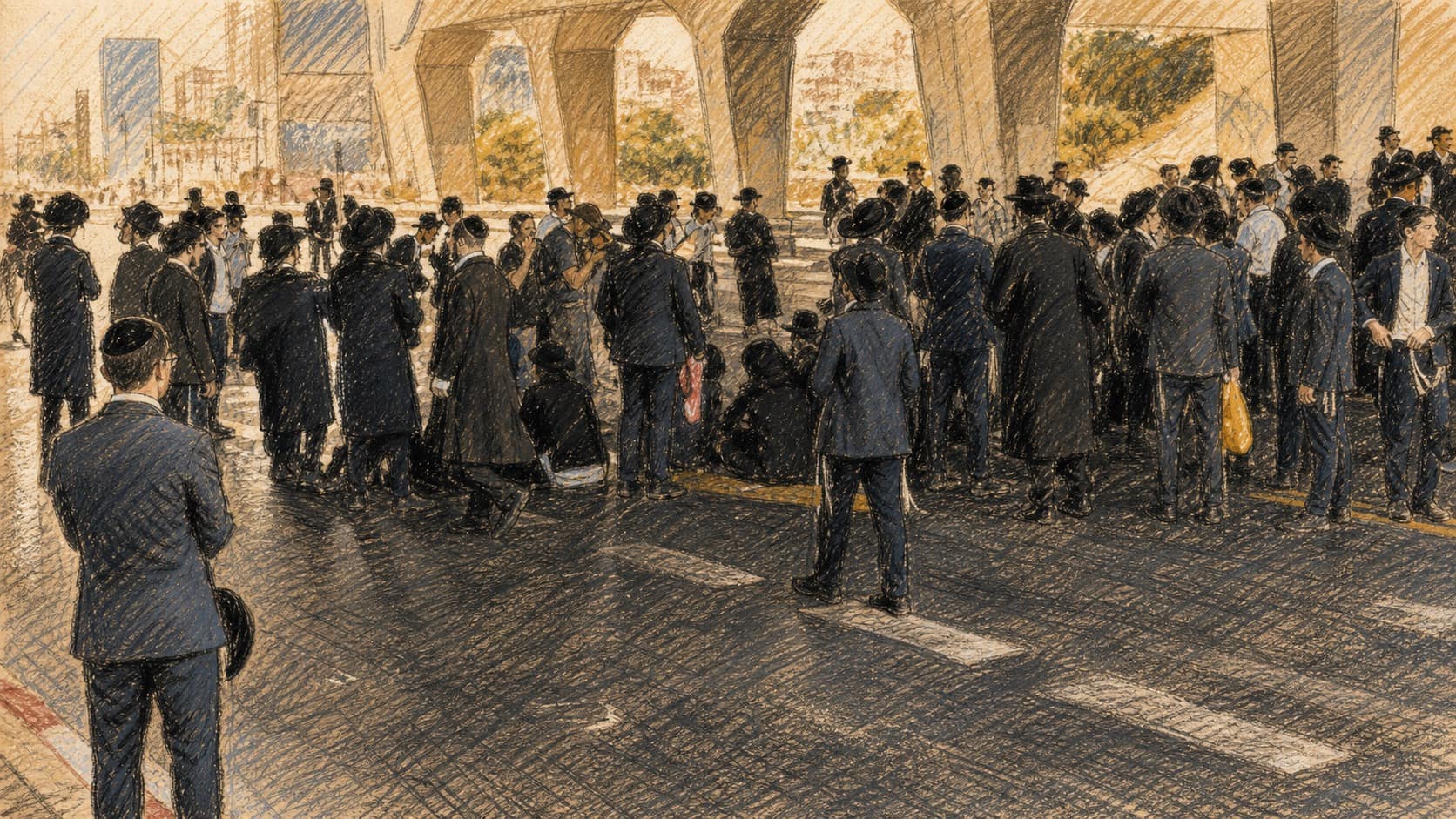 Courtroom-sketch editorial illustration of Haredi men standing and sitting across Highway 4 beneath a concrete overpass during a daytime anti-draft protest, drawn in warm ochre and slate-blue pastel with cross-hatching on sepia newsprint.