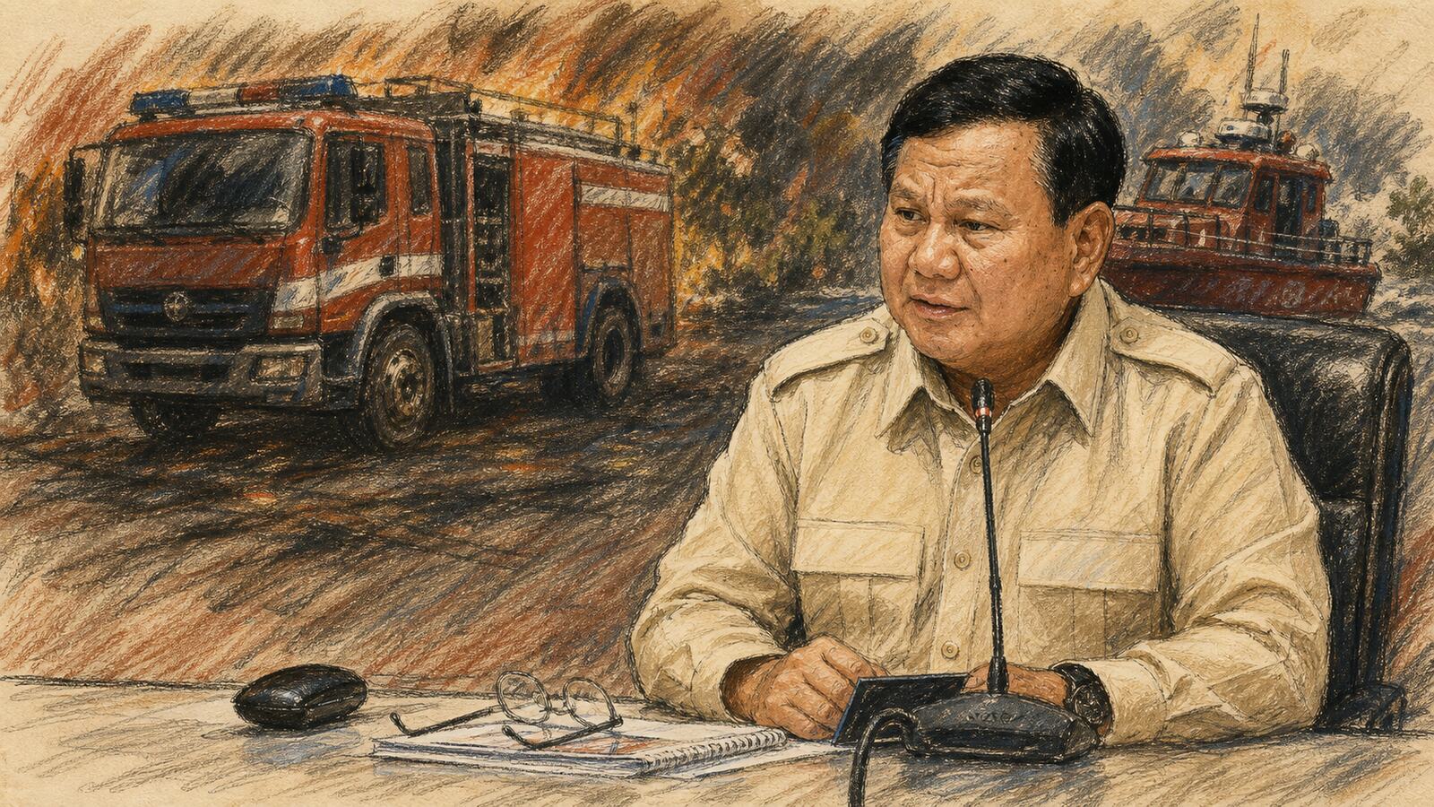 Courtroom-sketch editorial illustration of President Prabowo Subianto speaking at a response meeting before imagery of Indonesian firefighting vehicles, rendered in warm ochre and slate-blue pastel strokes.