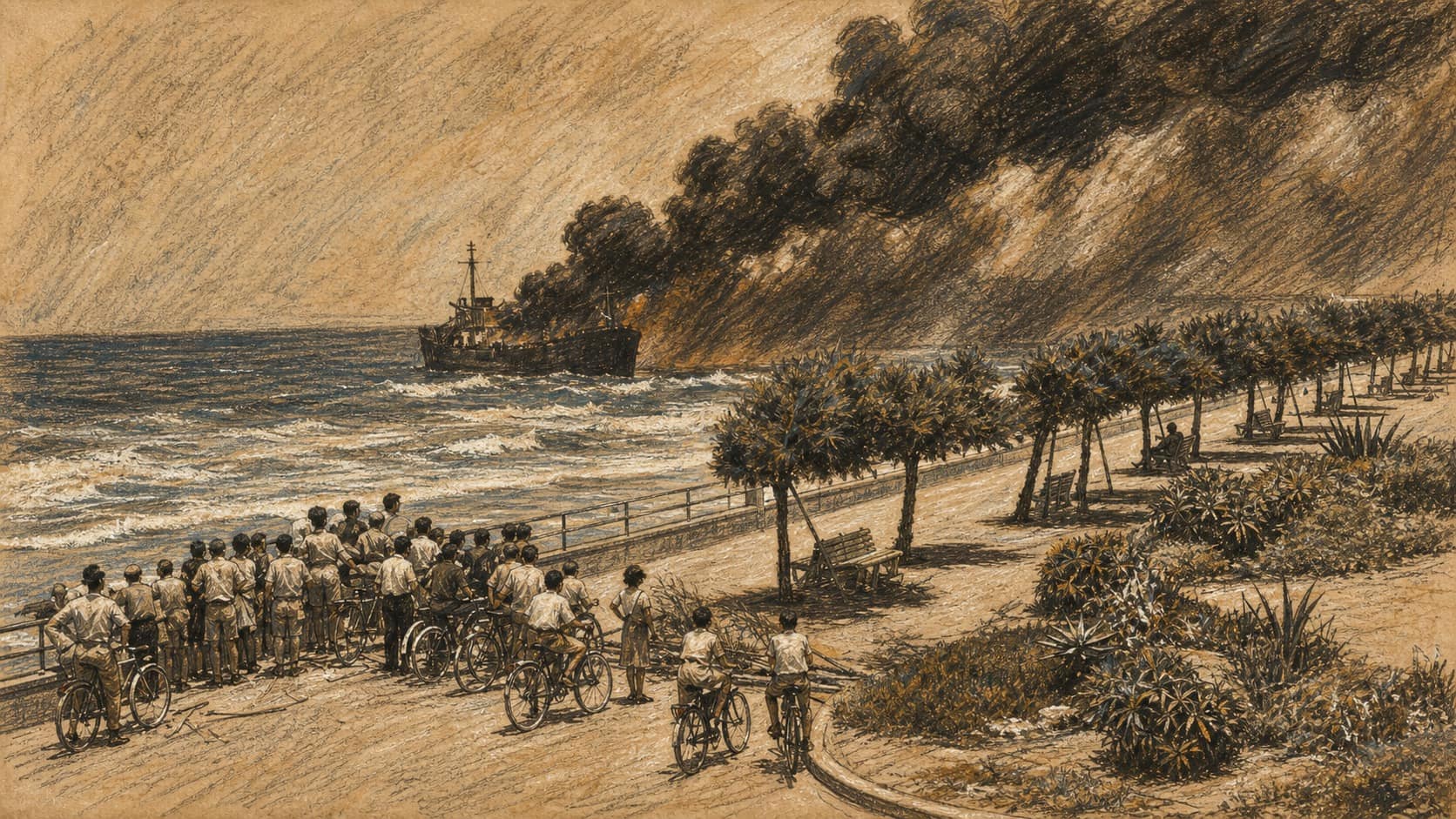 Courtroom-sketch editorial illustration of the burning Altalena offshore as a crowd watches from the palm-lined Tel Aviv shoreline