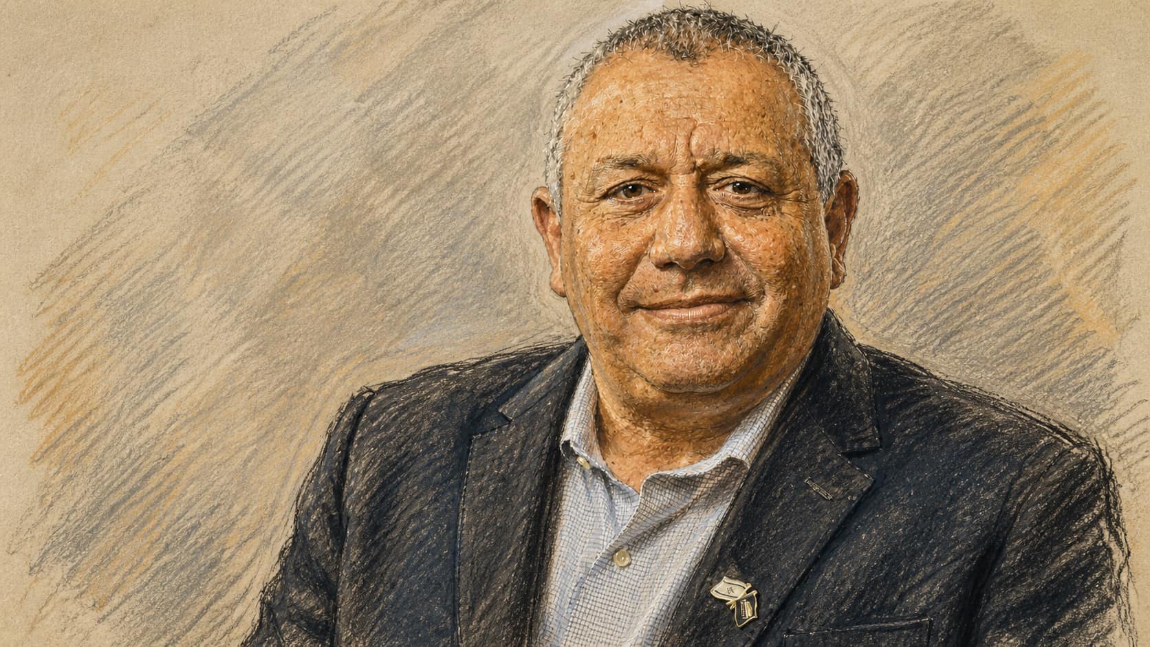 Courtroom-sketch editorial illustration of Gadi Eisenkot facing the camera in a dark suit against a textured light-gray backdrop, drawn in warm ochre and slate-blue chalk and pastel strokes with cross-hatching on sepia newsprint.