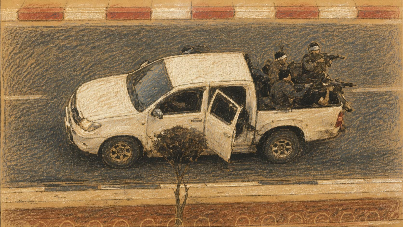 Courtroom-sketch editorial illustration of a damaged white pickup truck carrying armed personnel on a divided roadway, with its driver-side doors open, drawn in warm ochre and slate-blue chalk and pastel strokes with cross-hatching on sepia newsprint.