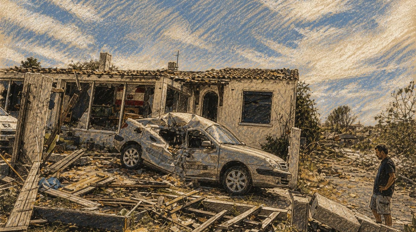 Courtroom-sketch editorial illustration of a tornado-damaged home and crushed car in Pomas as a resident surveys scattered debris, rendered in warm ochre and slate-blue pastel strokes.