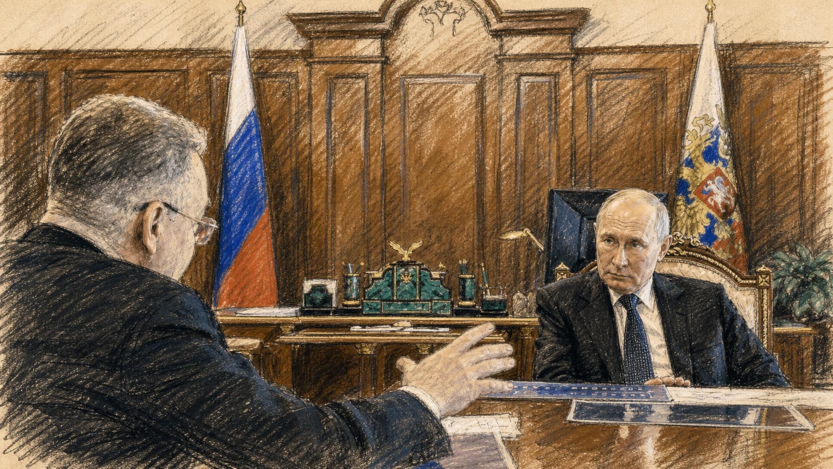 Courtroom-sketch editorial illustration of Russian President Vladimir Putin meeting a senior official across a polished conference table, rendered in warm ochre and slate-blue pastel strokes.