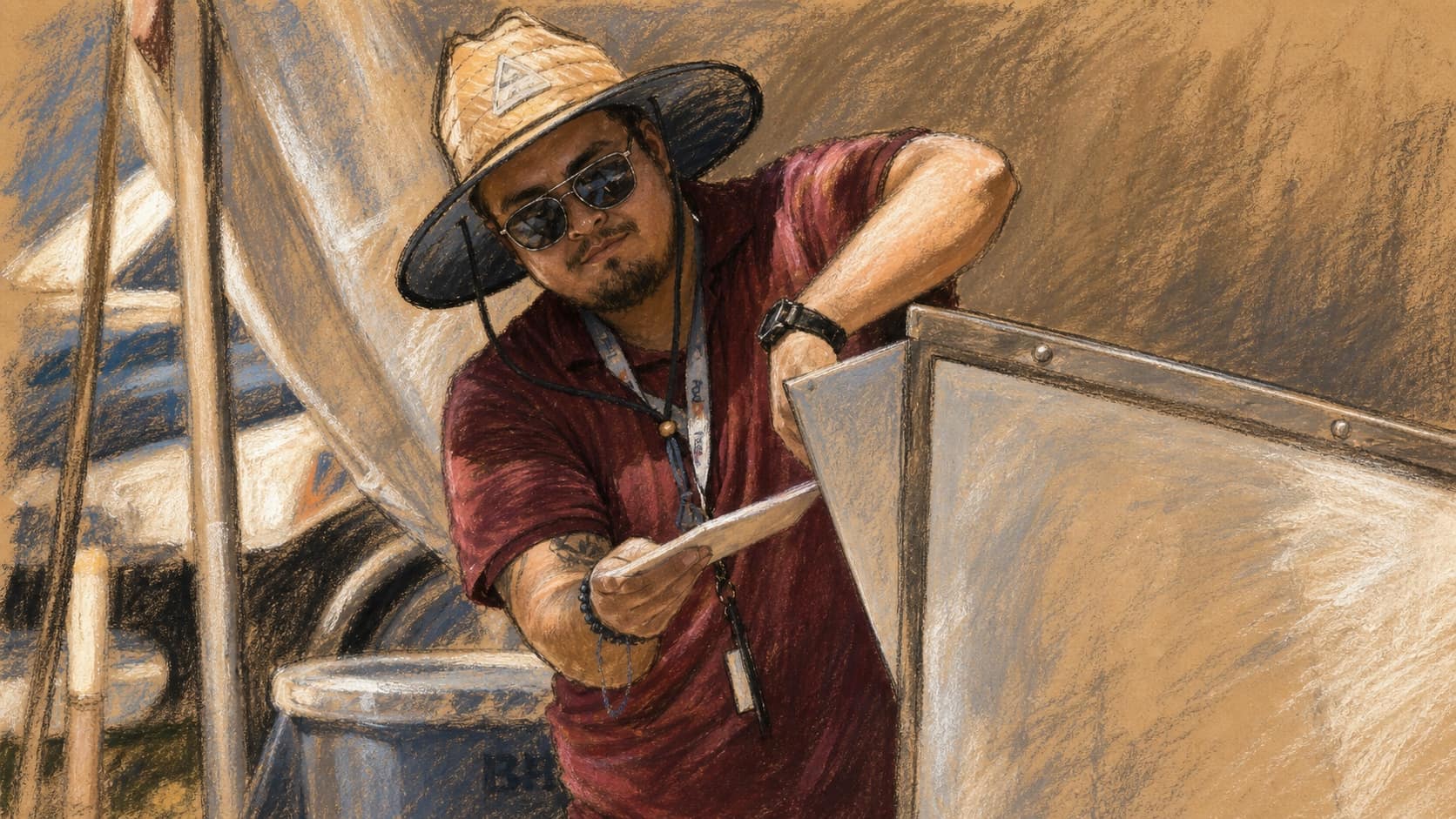 Courtroom-sketch editorial illustration of an election worker in a broad sun hat placing a plain ballot envelope into a secure outdoor intake station, rendered in warm ochre and slate-blue pastel strokes.