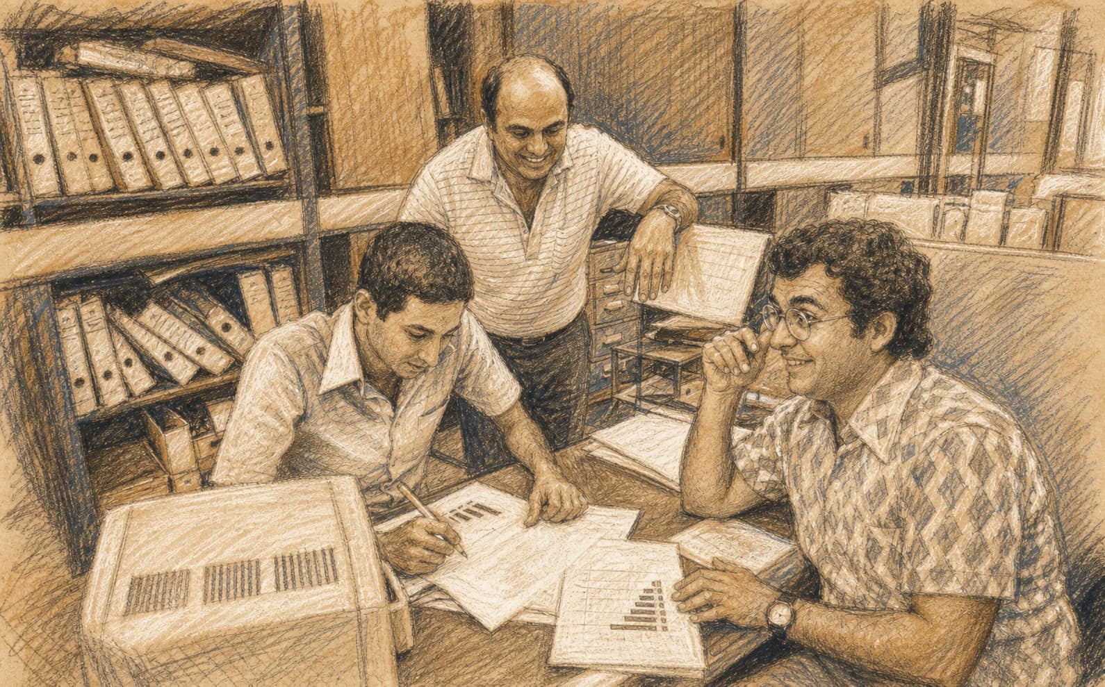 Courtroom-sketch editorial illustration of three men reviewing printed market charts around a desk and computer monitor in a historic Tel Aviv Stock Exchange office, drawn in warm ochre and slate-blue chalk and pastel strokes with cross-hatching on sepia newsprint.